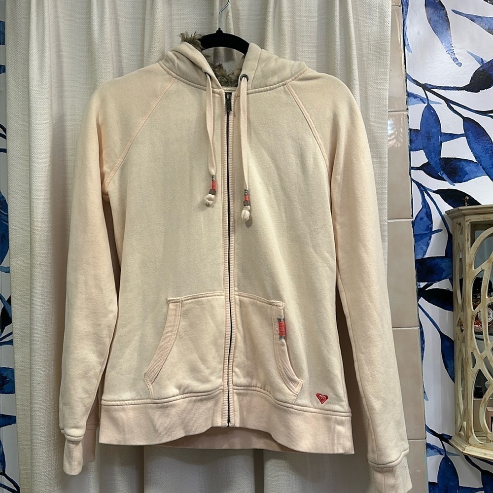 Roxy Light Peach Faux Fur Lined Hood Zip Hoodie Sweatshirt Junior Womens Medium